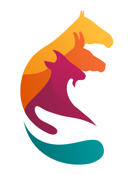 Therapiehof Hegau Logo Icon. Dargestellt sind drei Tiere: Pferd, Esel und Ziege in den Regenbogenfarben